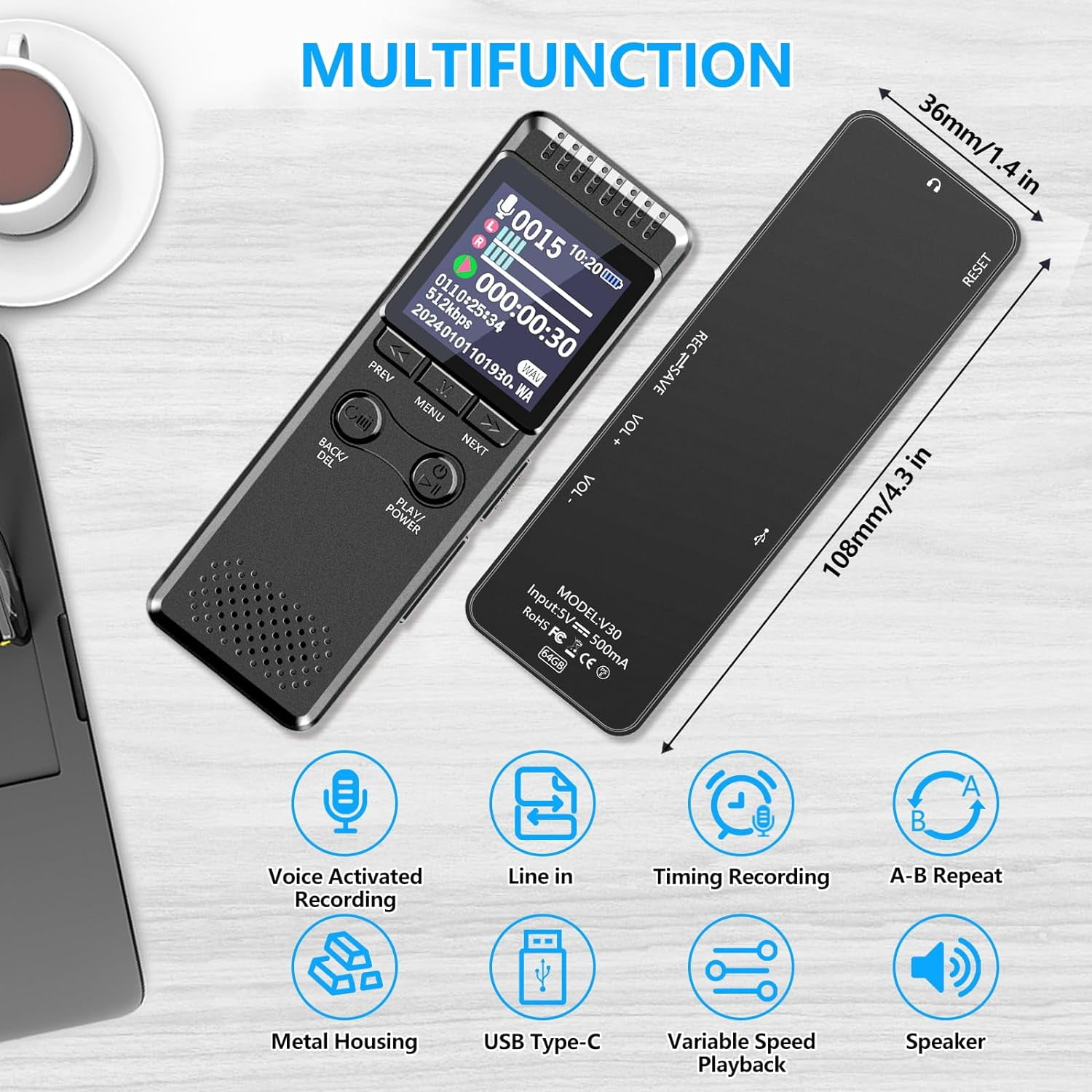 64GB Digital Voice Recorder with 8000 Hours Recording Capacity, 80Hrs Battery Time Voice Activated Recorder with Playback, Professional USB-C 1536kbps Audio Recorder for Meeting Lecture