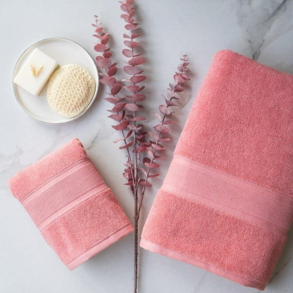 Luzia 8 Piece Towel Set (Coral) - 100% Turkish Cotton - 2 Bath Towels 2 Hand Towels and 4 Washcloths