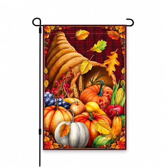 Autumn Harvest Garden Flag 12x18 Inch with Cornucopia, Pumpkins, and Fall Leaves - Perfect Yard or Patio Decoration for Seasonal Outdoor Display