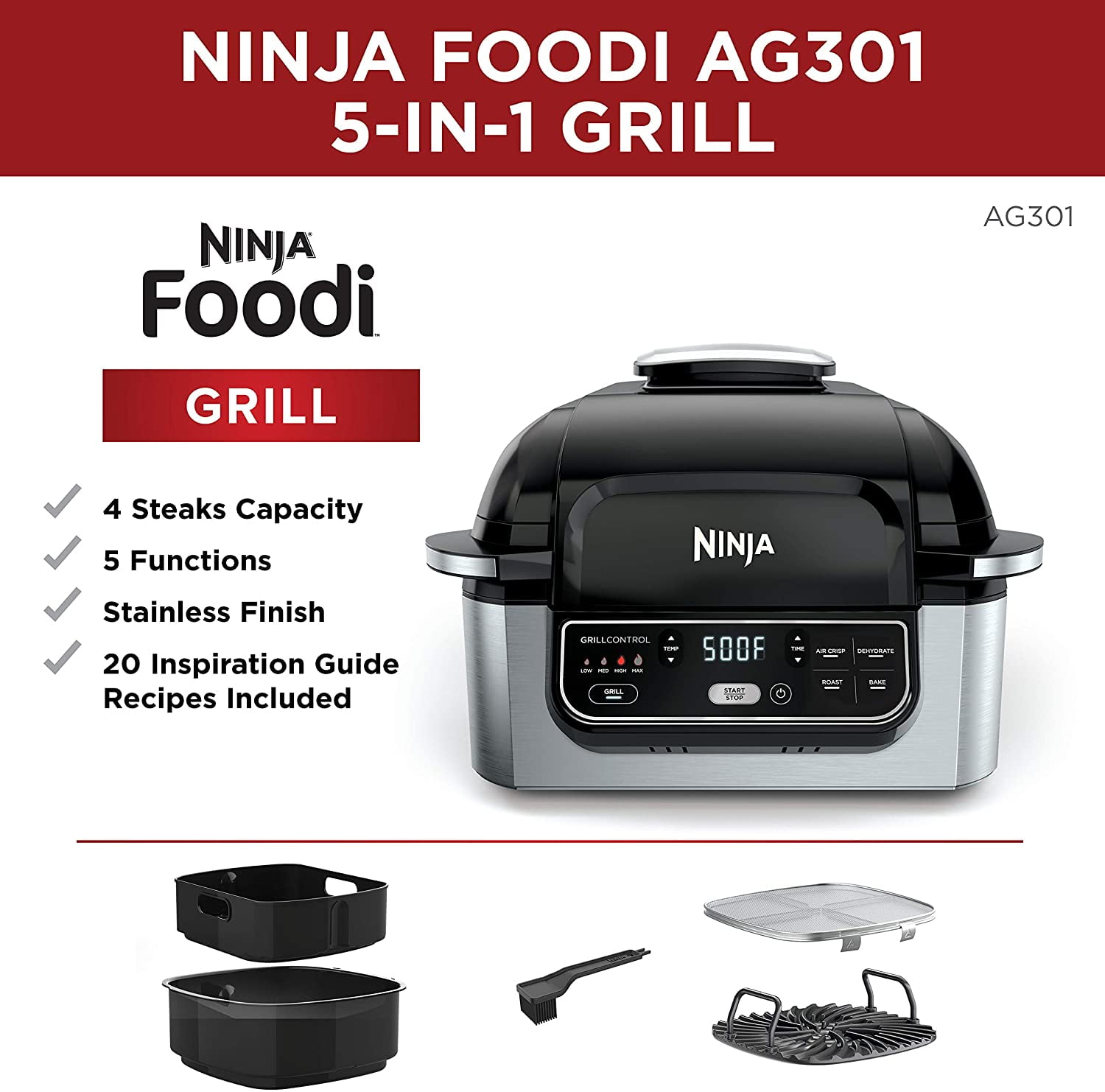 Restored Ninja AG301 Foodi 5 in 1 Indoor Grill with Air Fry Roast