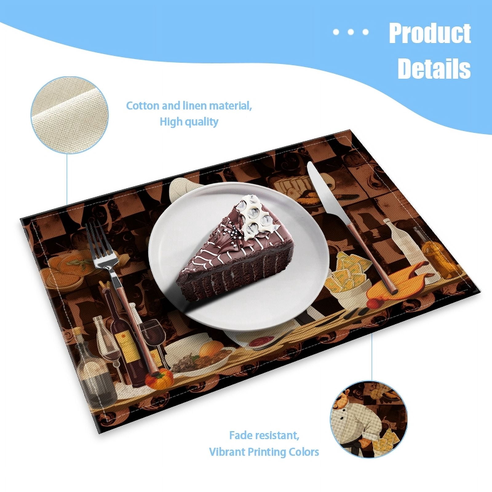 BaHomeck placemats Set of 4 Cartoon Chef Character Is Surrounded By Various Types Of Food Cotton Linen rectangle Placemats for Kitchen Dining Table Indoor,Outdoor,18*12inch