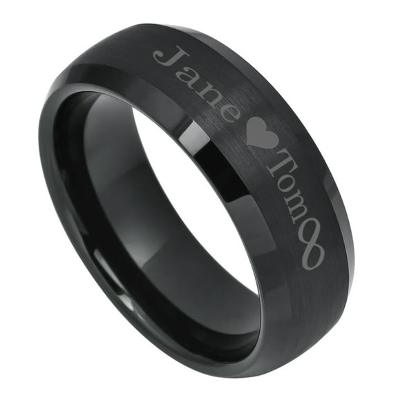 Free Engraving Men Women Personalized Outside Inside Engraving Tungsten Carbide Wedding Band Ring 8mm Brushed Cetner Beveled Black Ring