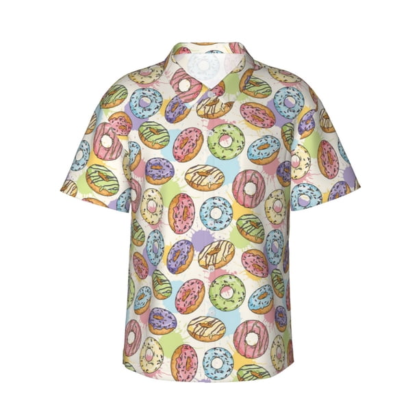 Fotbe Glazed Donuts Camisa Hawaiana para Hombre Unisex – Camisa Casual de Verano con Botones de Manga Corta de Algodón y Lino,X-Large