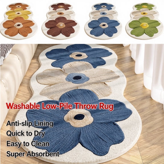 Floral Door Mat, Vintage Floral Print Floor Carpet Runner Washable Low-Pile Throw Rug for Kitchen, Hallway, Entryway, Laundry, Bedroom