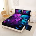 thumbnail image 2 of Castle Fairy Neon Gothic Skull Couple King Sheets 4pcs,Rose Butterfly Starry Sky Bedding,Magenta Cyan Black,1 Fitted Sheet,1 Flat Sheet and 2 Pillowcases, 2 of 6