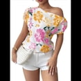 thumbnail image 3 of Blusa de Verano con Estampado Floral Fruncido y Hombros Descubiertos para Mujer. Color Naranja M, 3 of 10