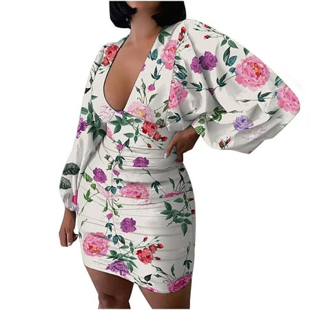 

Inkach Womens V-Neck Print Casual Fashion Buttocks Long Sleeve Dress
