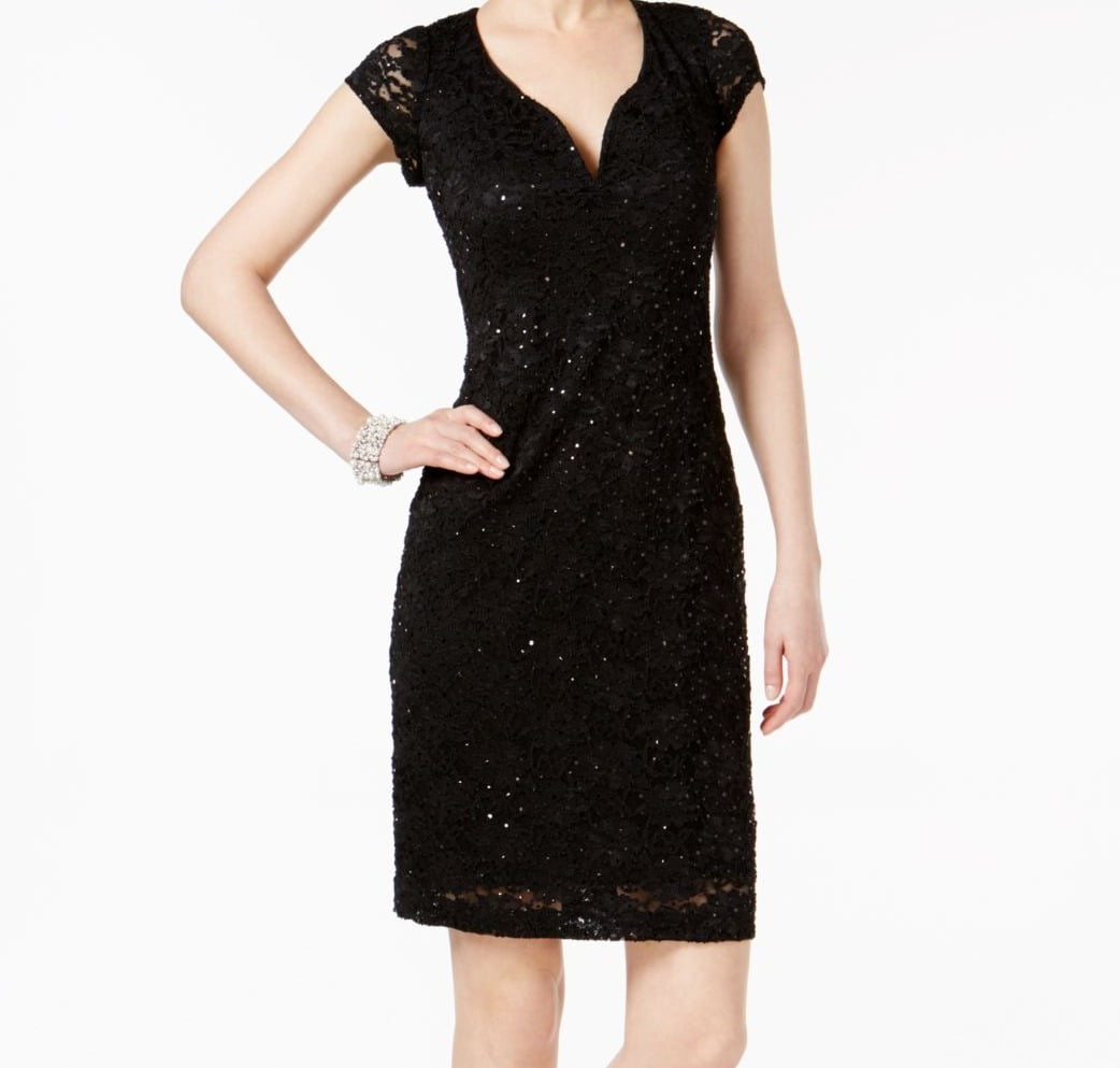 Connected Apparel Womens Cap-Sleeve Sequin Lace Dress