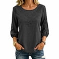 thumbnail image 2 of Tnhcen Women Boho Blouse 3/4 Puff Sleeve Floral Embroidered Top Round Neck Casual Loose Fit Solid Color A Line Summer Spring Shirt for Women Daily Vacation, 2 of 3