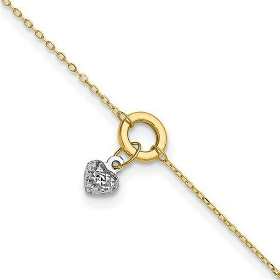Primal Gold 14 Karat Two-Tone Circle with Diamond-cut Puff Heart 9-inch Plus 1-inch Extension Anklet