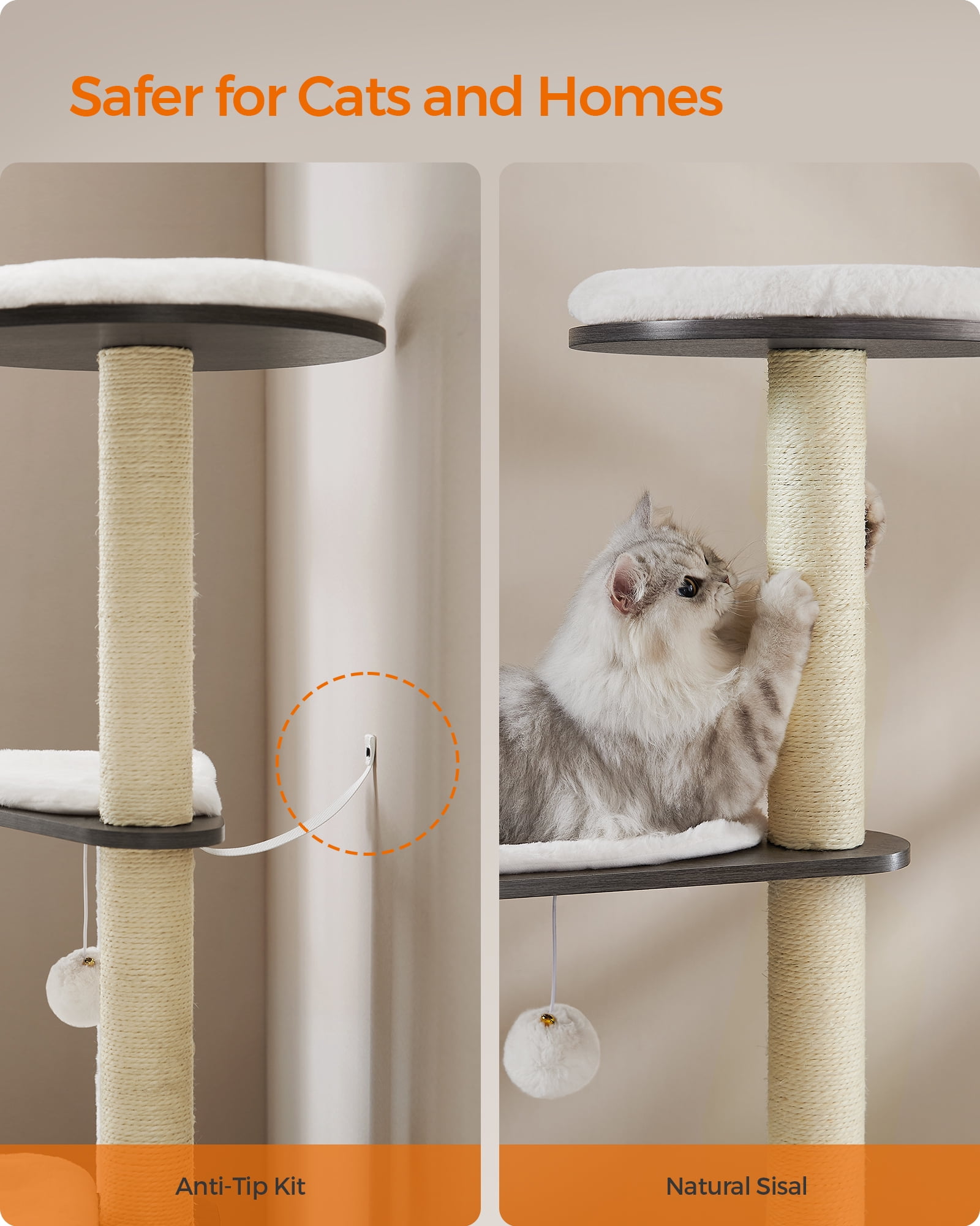 WoodyWonders Cat Tree, 65-Inch Modern Cat Tower for Indoor Cats, Multi-Level Cat Condo with Scratching Posts, Cat Furniture, Gray