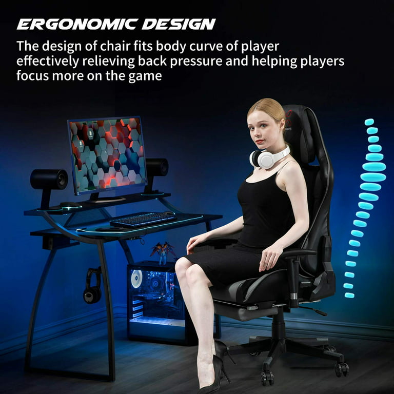 Adjustable Swivel Gaming Chair with Massage Pillow &Footrest, Leather PC Video  Game Chairs,Black 