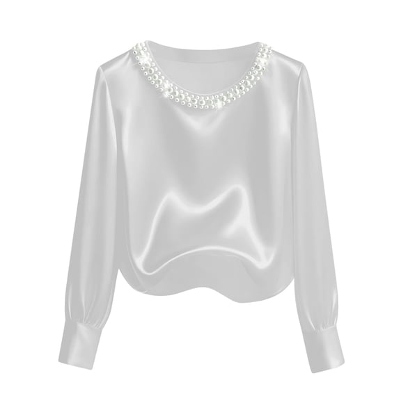 BLVB Womens Going out Satin Tops Pearl Elegant Silky Office Work Shirts Long Sleeve Evening Party Blouses