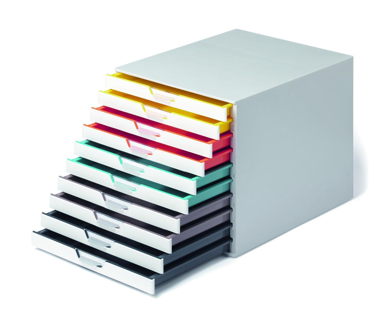 DURABLE Desktop Drawer Organizer (VARICOLOR MIX 10 Compartments with Removable Labels) 11" w x 14" d x 11.375" h, White & Multicolored (763027)