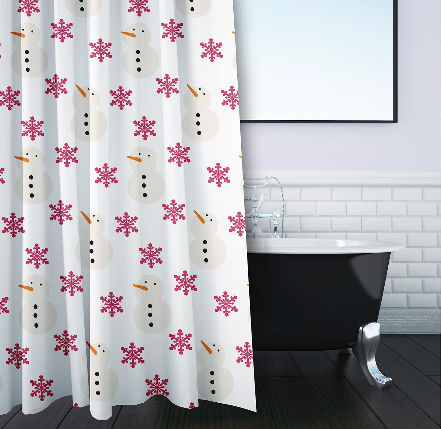 Simply Daisy 70" W x 73" L Snow Men In Snowstorm Shower Curtain, Holiday Pink [1 Ct]