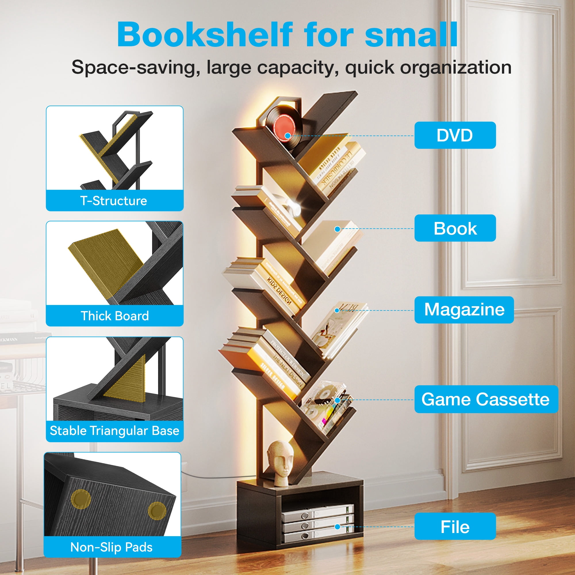 Casacomoda 8 Tier Tree Bookshelf, Bookcase with LED Lights, Display Floor Standing Storage Shelf, Book Organizer Shelves for Home Office, Living Room, Black