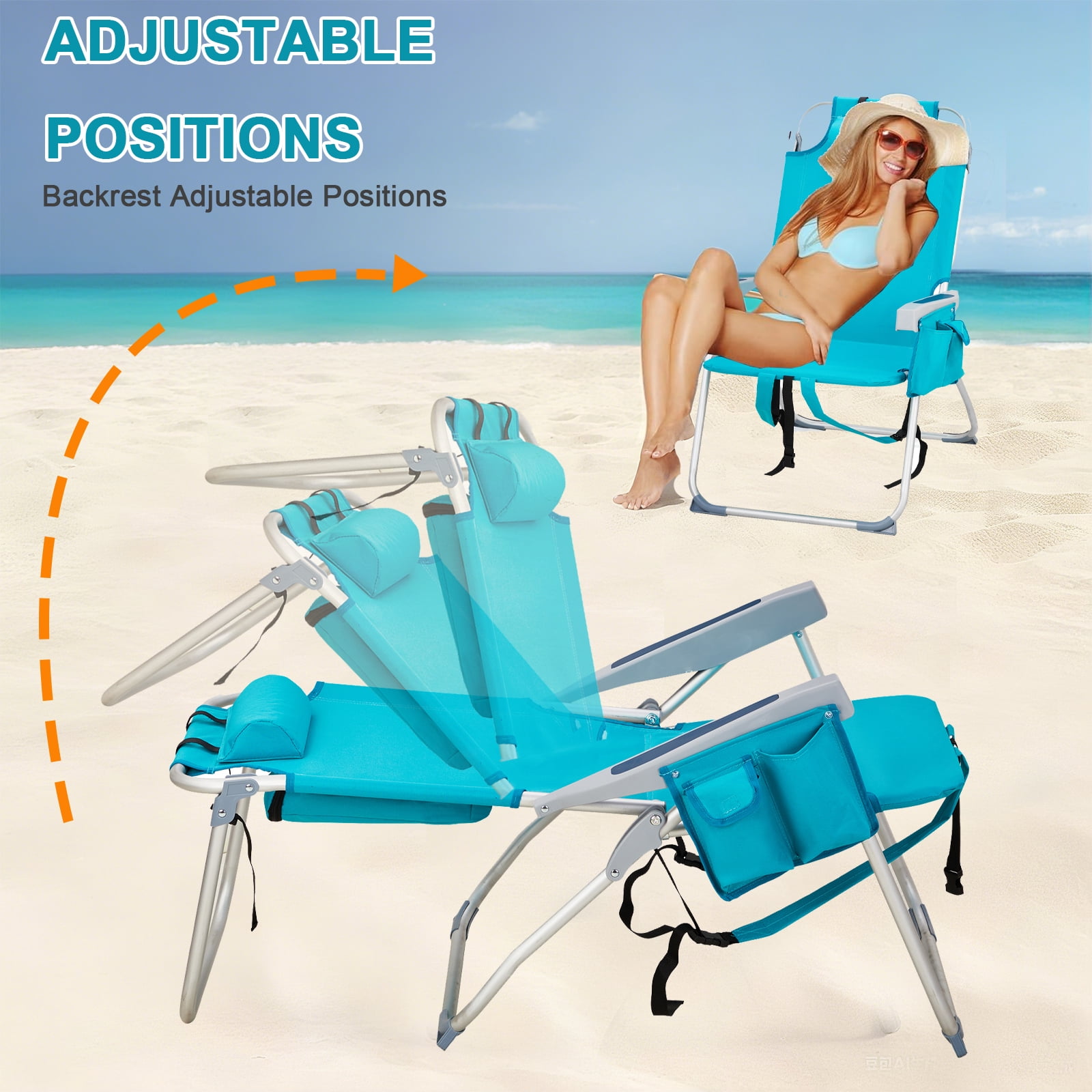 5-Position Adjustable Beach Lounge Chair with Cooler Cup Holder Storage Pockets, 600D Oxford Aluminum Frame Foldable Portable Backpack Beach Chair Holds 330 LBS