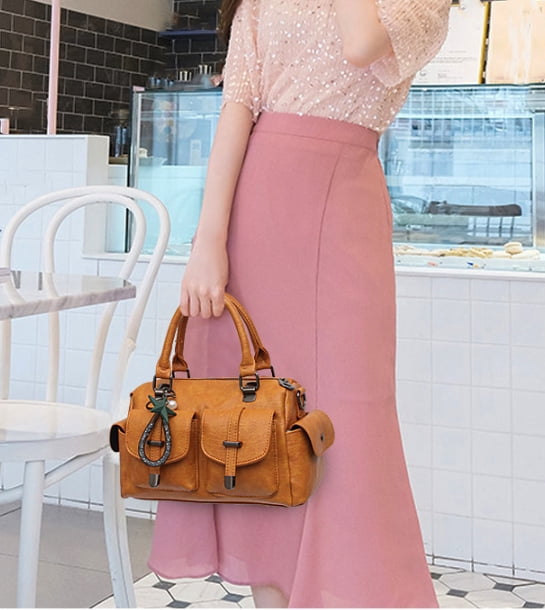 Satchel Handbags for Women Crossbody Tote Bags Medium Purse Top Handle Vegan Leather Shoulder Bag with Pendant