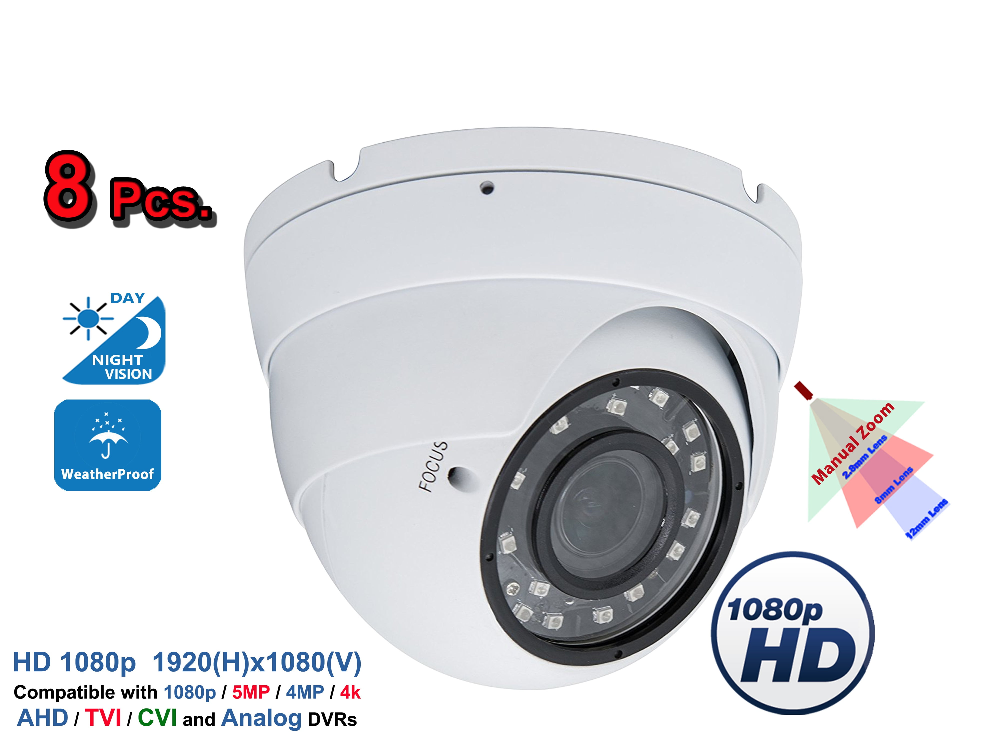 Evertech 8 Pcs 1080p Full Hd Dome Security Cameras With Night Vision Indoor Outdoor Manual Zoom 4 In 1 Ahd Tvi Cvi And Traditional Analog Surveillance Camera Walmart Com Walmart Com