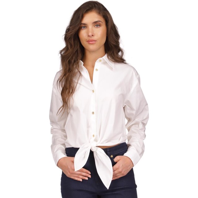 Michael Kors Womens Poplin Tie Front Button Up Shirt, white, Petite, PS