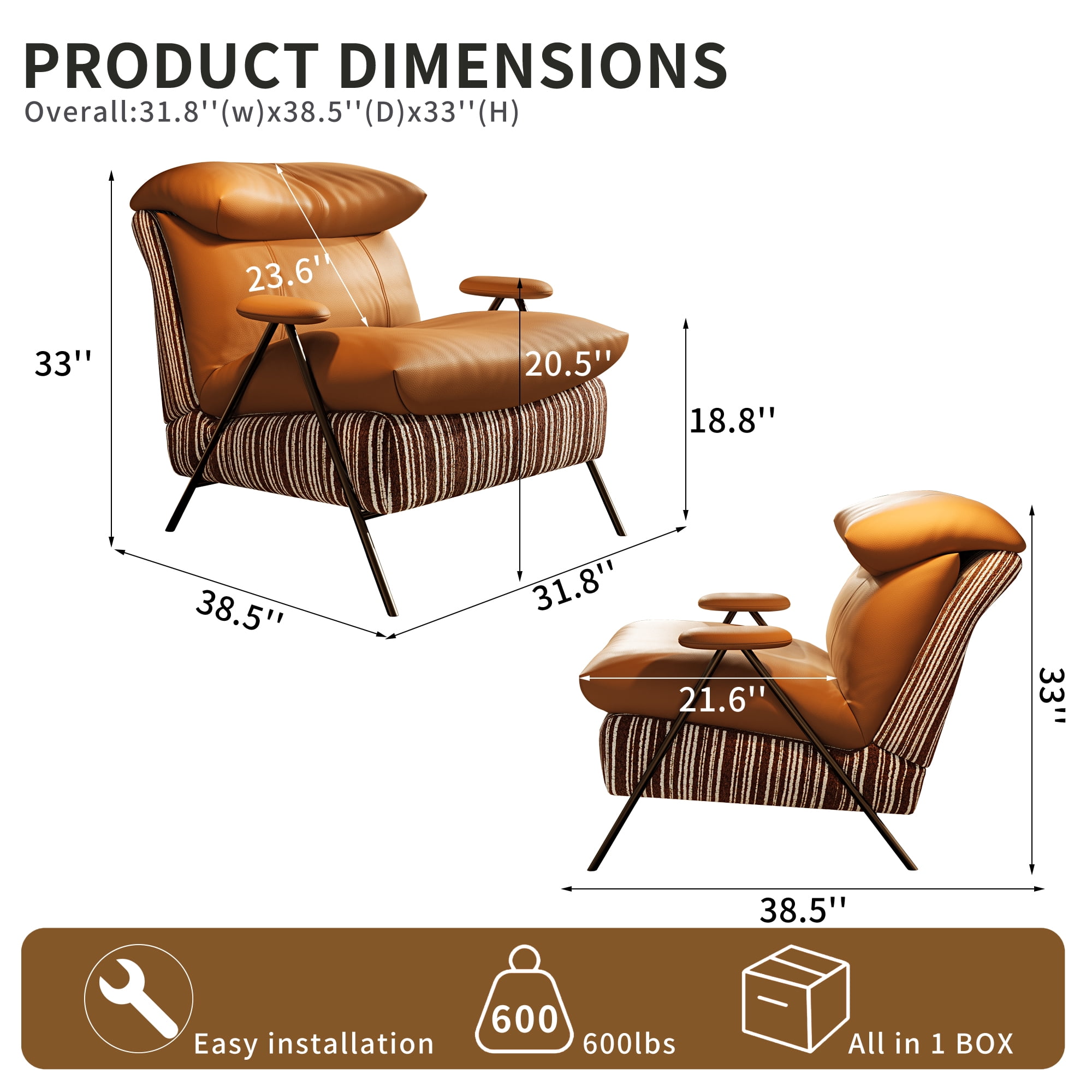 Howcool Modern Upholstered Accent Chair,Armchair with Wide Cushioned Seat,Ergonomic Lounge Chair with Solid Wood Frame for Living Room,Bedroom,Orange