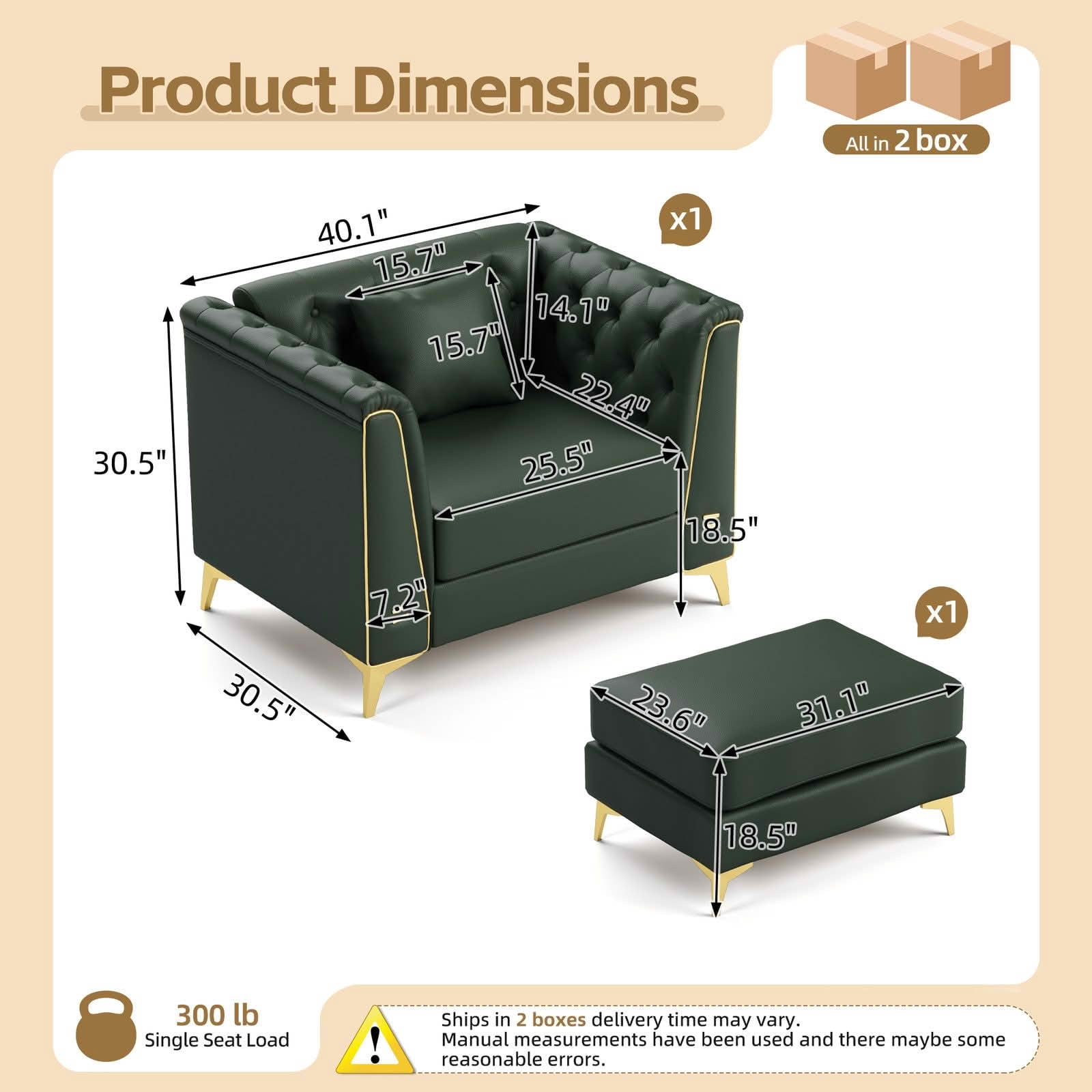 MAYEERTY 40.1" Light Luxury Modular Chesterfield Single Sofa with Ottoman, Faux‑Leather Chair with Button Tufting, Metal‑Trim Armrest & Slim Metal Legs, 1 Pillow Included