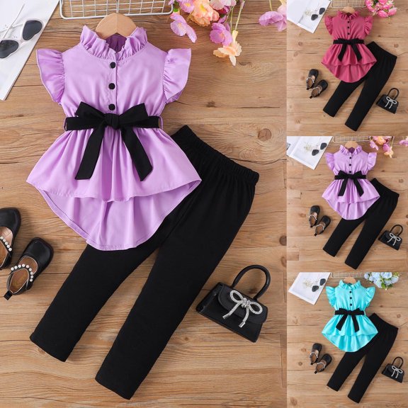 Asxite Toddler Girls Summer Outfits Solid Ruffle Mandarin Collar Top and Pants Set 2-7Y