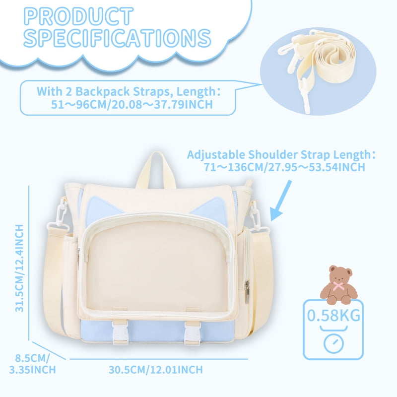 TINYAT Backpack for Women Cute Crossbody Bag DIY Kawaii Anime Y2K Cat Ita Bag for Shop Concert College White-blue