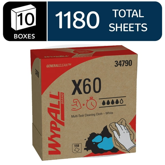 WypAll GeneralClean X60 Cloths Multi-Task Cleaning Wipes (34790), Pop-Up Box, Strong and Absorbent Towels, White (10 Boxes of 118 Sheets, 1,180 Sheet Total)