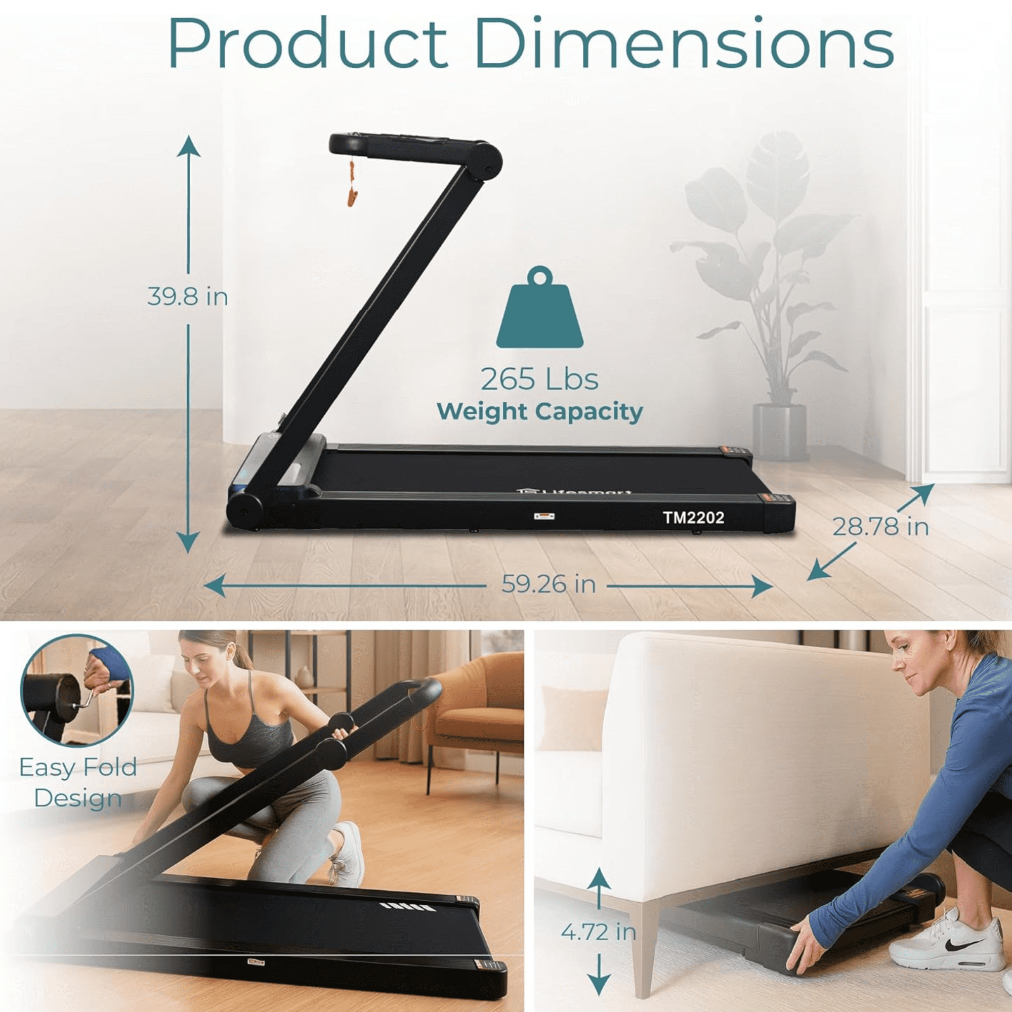 Lifesmart TM2202 Denise Austin 3-in-1 Portable Walking Pad Treadmill | Work, Walk & Jog Station | Foldable Portable Walk Pad with Desk Tabletop, 2.5HP Quiet & Compact Treadmill for Home/Office