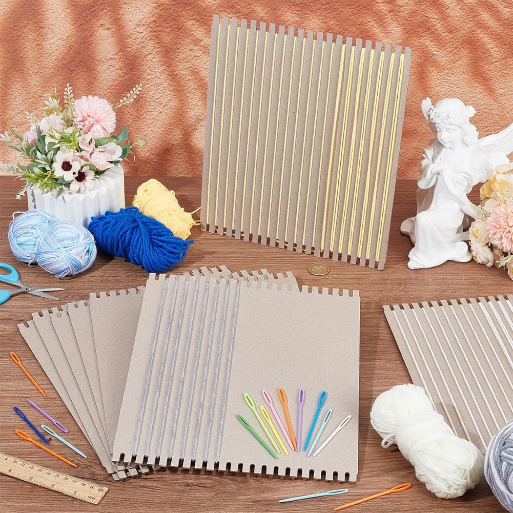 Knitting Tool Kits Including 8Pcs Cardboard Weaving Looms 16Pcs Large Eye Plastic Sewing Needles Mixed Color Loom: 30x25x0.2cm Needle: 92x6x3mm & 71x4x3mm for DIY