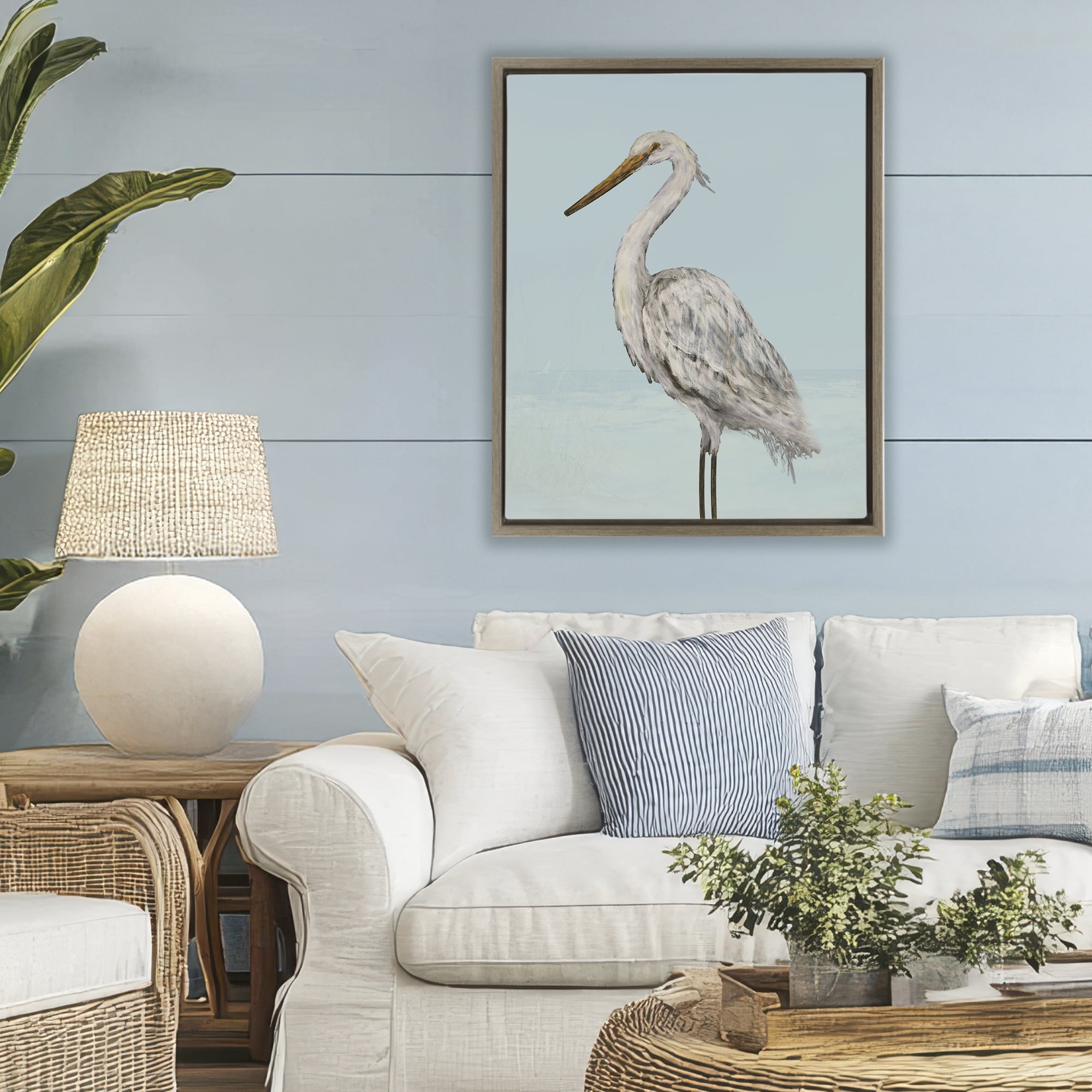 Stupell Industries Coastal Heron Muted Blue Brown Framed Floater Canvas Wall Art, design by Julie DeRice