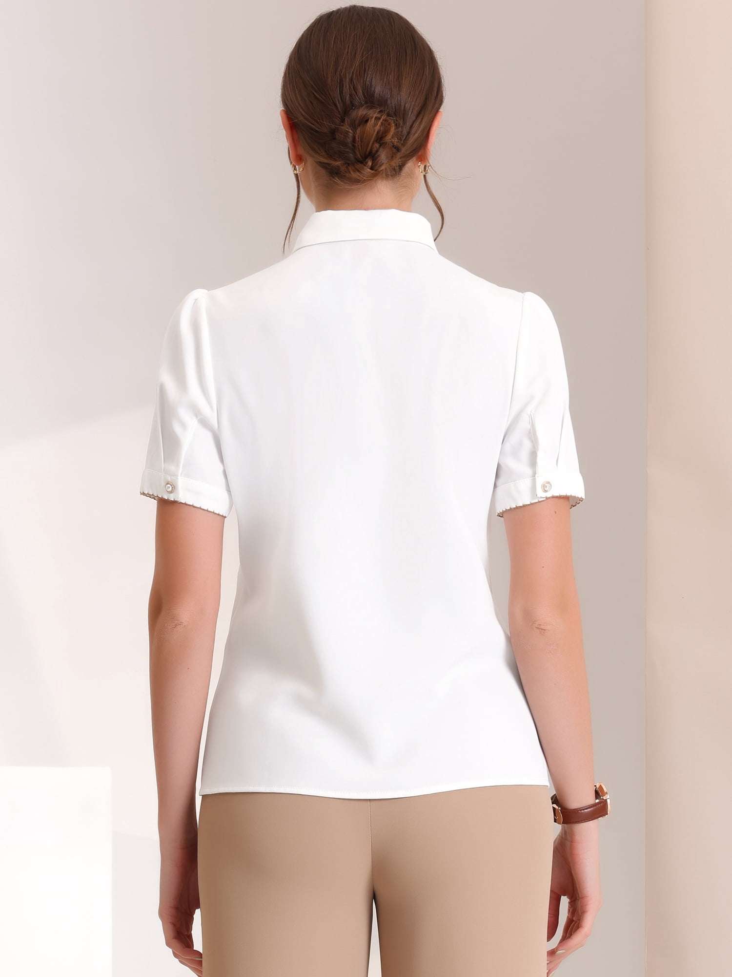 DARING DIVA Women's Button Down Collared Contrast Trim Puff Sleeve Blouse L White