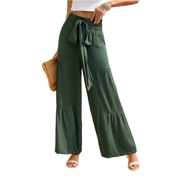 Boho Tiered Palazzo Pants for Women, High Rise Belted Wide Leg Trousers, Casual Spliced Loose Slacks, Summer Flowy Bottoms