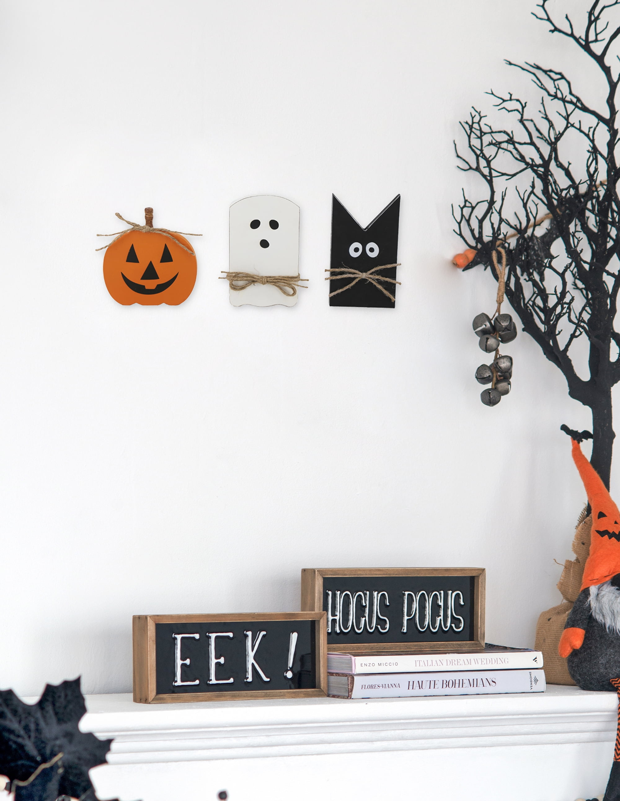 Halloween Table Decor Set of 3 Pumpkin Ghost Bat MDF Wood for Dining Room Mantle