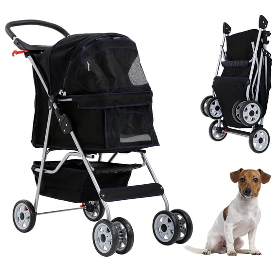 CL.HPAHKL Pet Stroller Foldable Pet Stroller Travel Stroller for Cats and Medium Dogs Includes 360 Degree Front Wheel Swivel,Mesh Panels and Canopy, Storage Basket, Cup Holder,Black
