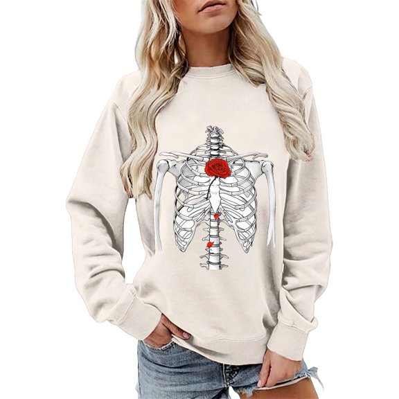 Gunia Plus Size Women Halloween Sweatshirt Long Sleeve Skeleton Graphic Cozy Sweatshirt Soft Pullover Tops Casual Fall Fashion Clothes Beige S-3Xl