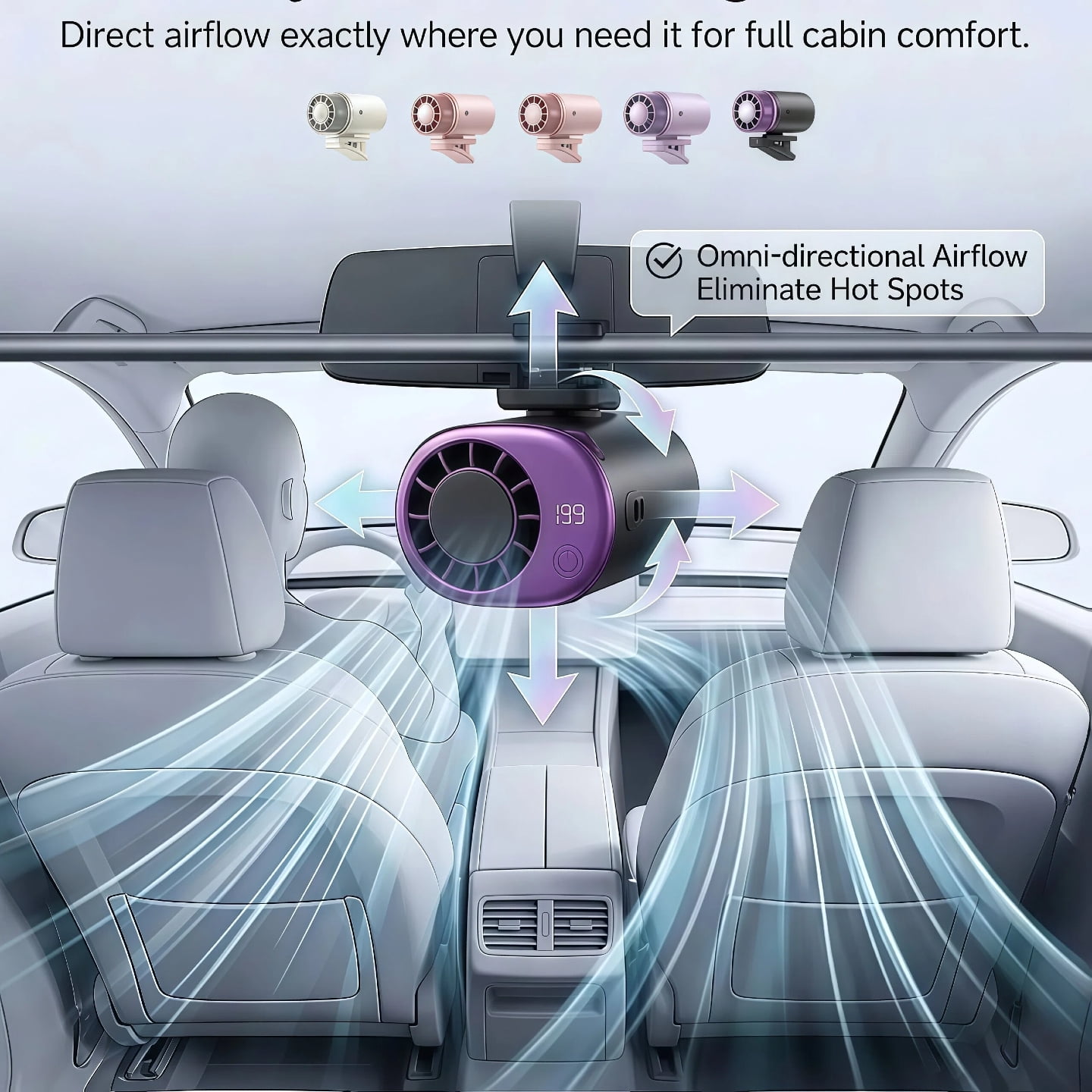 2026 Clip-on Car Air Conditioner Fan, 360° Rotation USB Rechargeable Portable Mini Cooling Fan, LED Display 199 Speed Personal Cooler for Office Beach Camping (Pink)