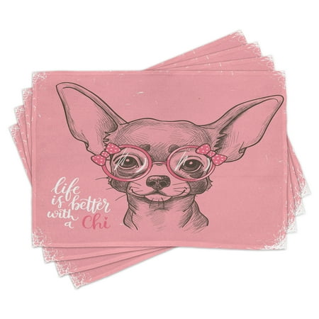 

Dog Placemats Set of 4 Girl Chihuahua Sketch Illustration with Quote Fashion Glasses Ribbons Puppy Washable Fabric Place Mats for Dining Room Kitchen Table Decor Pale Pink Army Green by Ambesonne