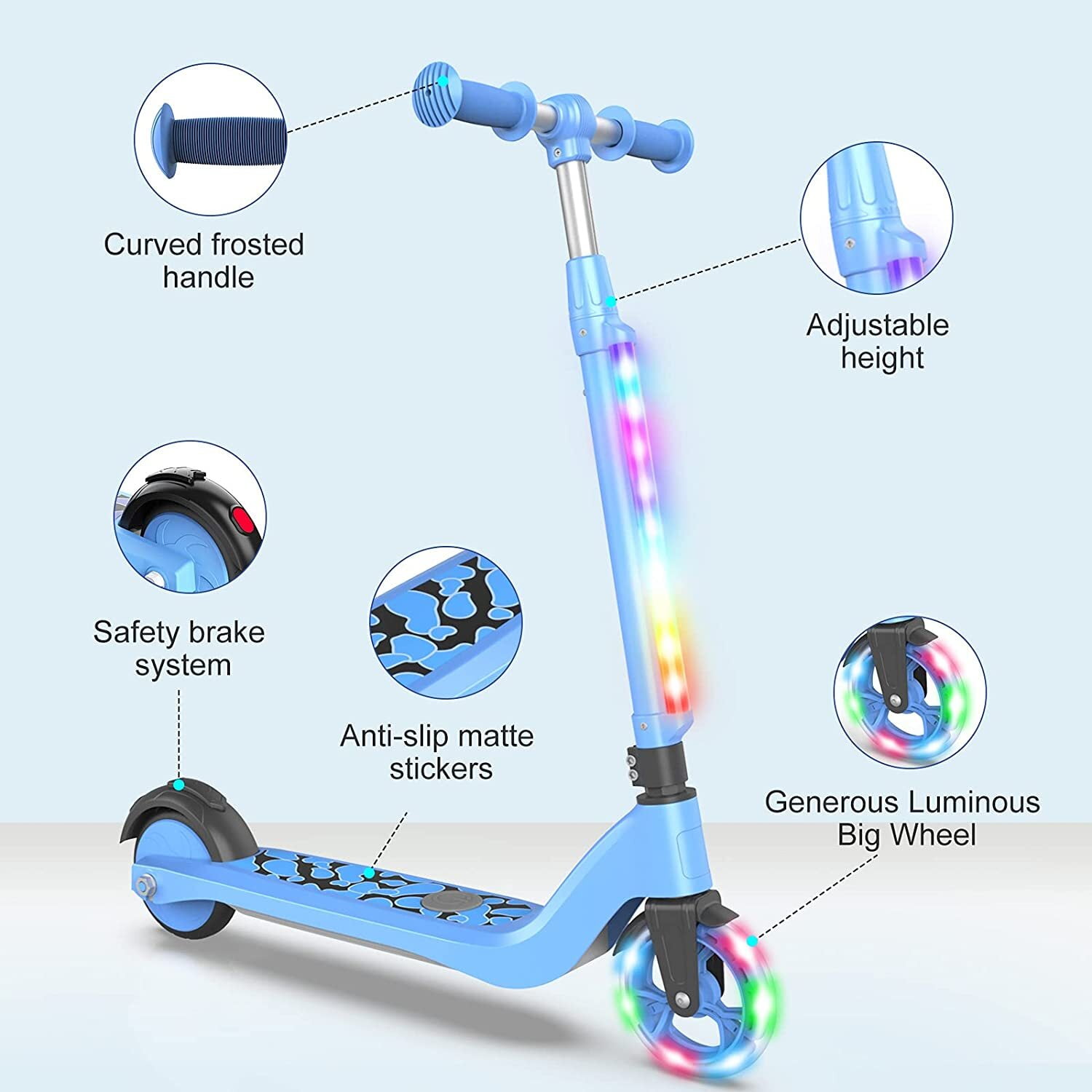 LIEAGLE Electric Scooter for Kids Ages 6-12 Lightweight and Adjustable  Handlebar with Flashing Rainbow Lights Glow PU Wheel YD531 Blue