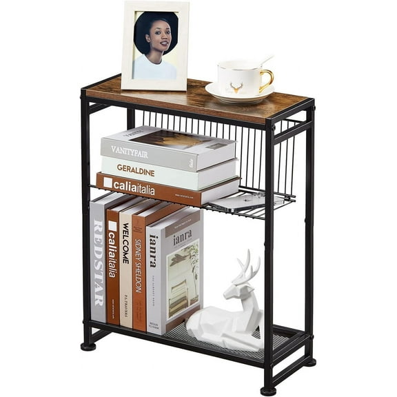 Small Side Table for Small Spaces - Slim End Table with Magazine Holder - 2 in 1 Design Narrow End Table Living Room - Skinny Bedside Table Nightstand Bedroom Thin Side Table, Rustic Brown