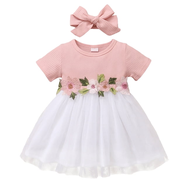 Toimothcn Robes pour Filles Manches Courtes Décontractées Imprimé Floral Robe en Tulle avec Bandeaux Douce Confortable Plissée Robes de Princesse Robe d'Été Décontractée pour Filles