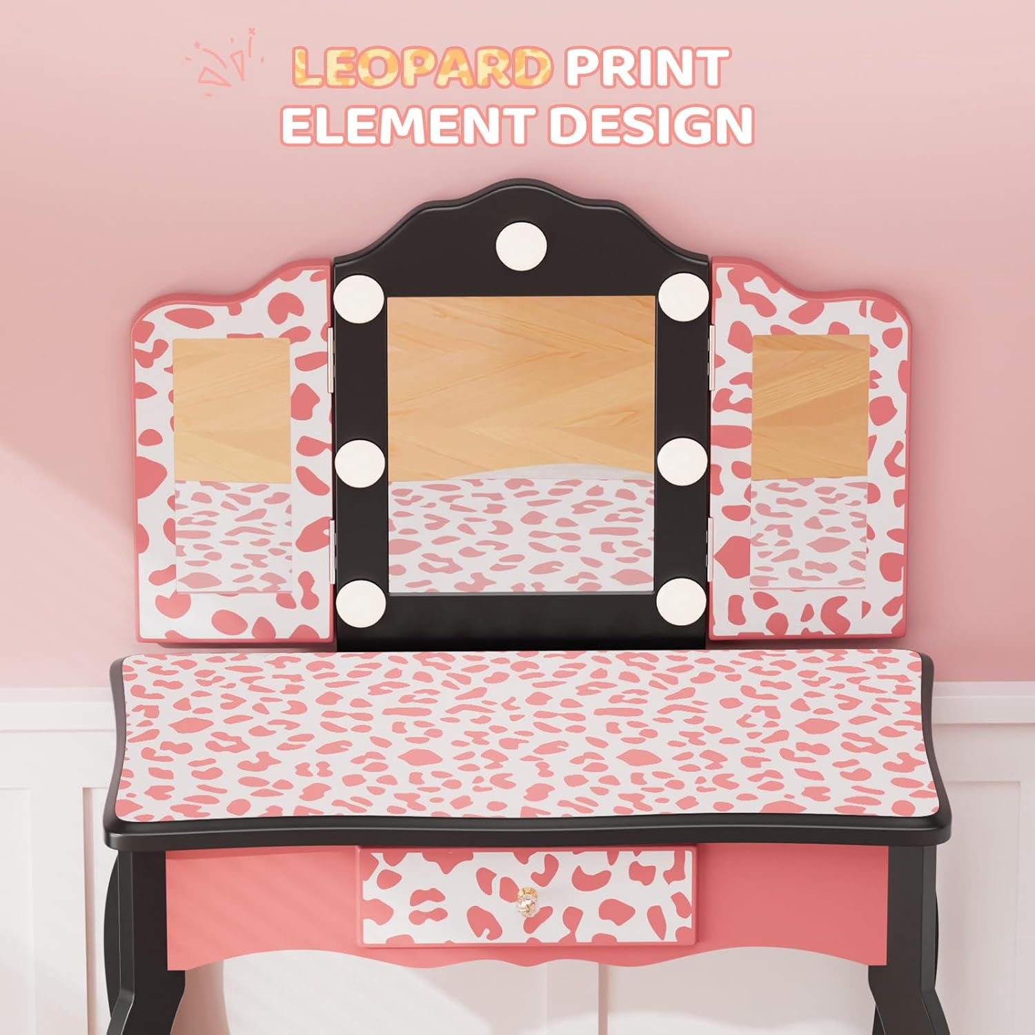Matladin Kids Vanity Table and Chair Set with Leopard Print, Tri-Fold Mirror & Lights, Girls Vanity, Princess Makeup Desk for Girls