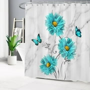HVEST Farmhouse Floral Shower Curtain Teal Dahlia and Butterfly on Marble Shower Curtain for Bathroom, Modern Abstract Marble Backdrop Bath Curtain with Hooks Bathtub Decorations,72W X 78L Inches