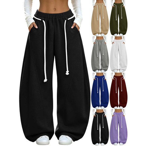 Womens Wide Leg Sweatpants,Elastic High Waist Drawstring,Solid Color Casual Loose Pants with Side Pockets for Vacation and Travel