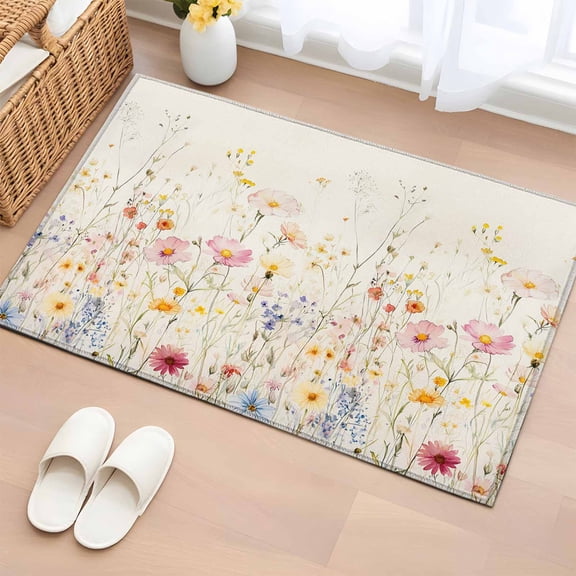 Beige Floral Spring Bathroom Rug Washable 2x3 Entryway Rug Non Slip Vintage Farmhouse Botanical Front Door Mat Low Pile Indoor Doormat Throw Floor Carpet for Kitchen Bedroom Entrance