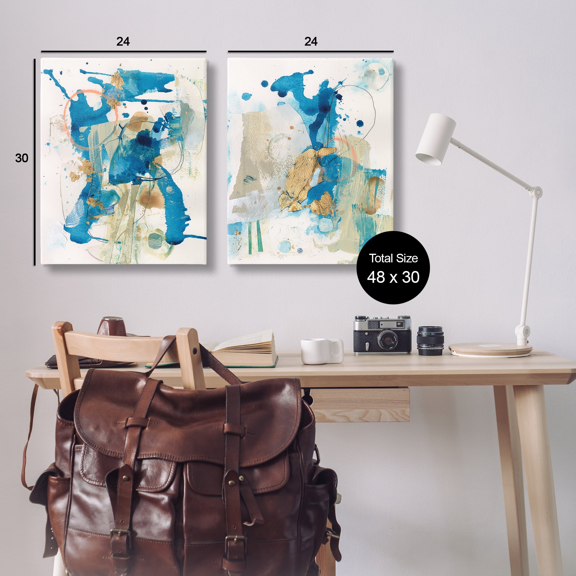 Stupell Industries Abstract Blue Gold Splash Abstract Painting Wrapped Canvas Art Print Wall Art, 24 x 30, Set of 2
