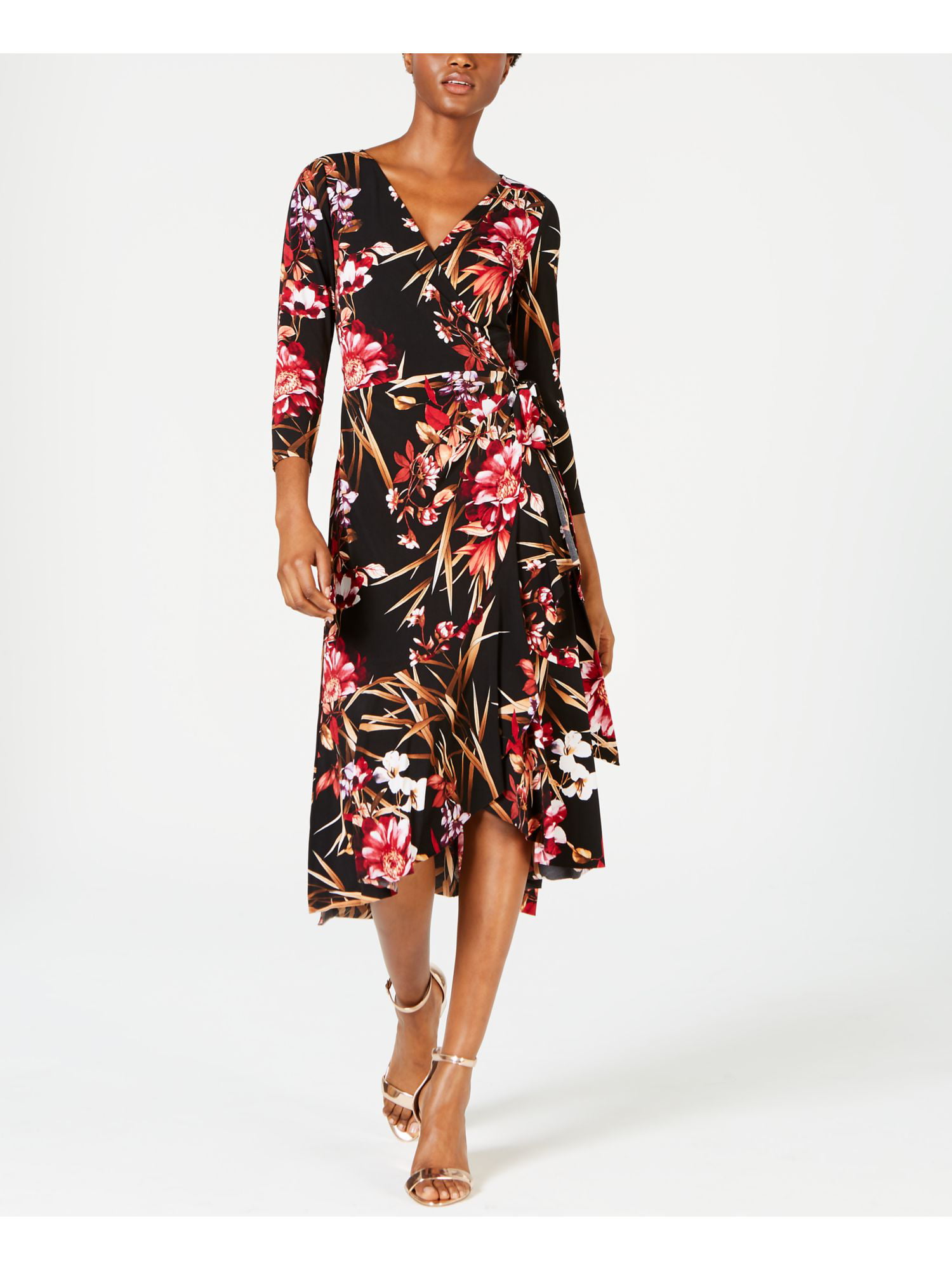CONNECTED APPAREL Womens Black Floral 3/4 Sleeve Midi Wrap Dress Size