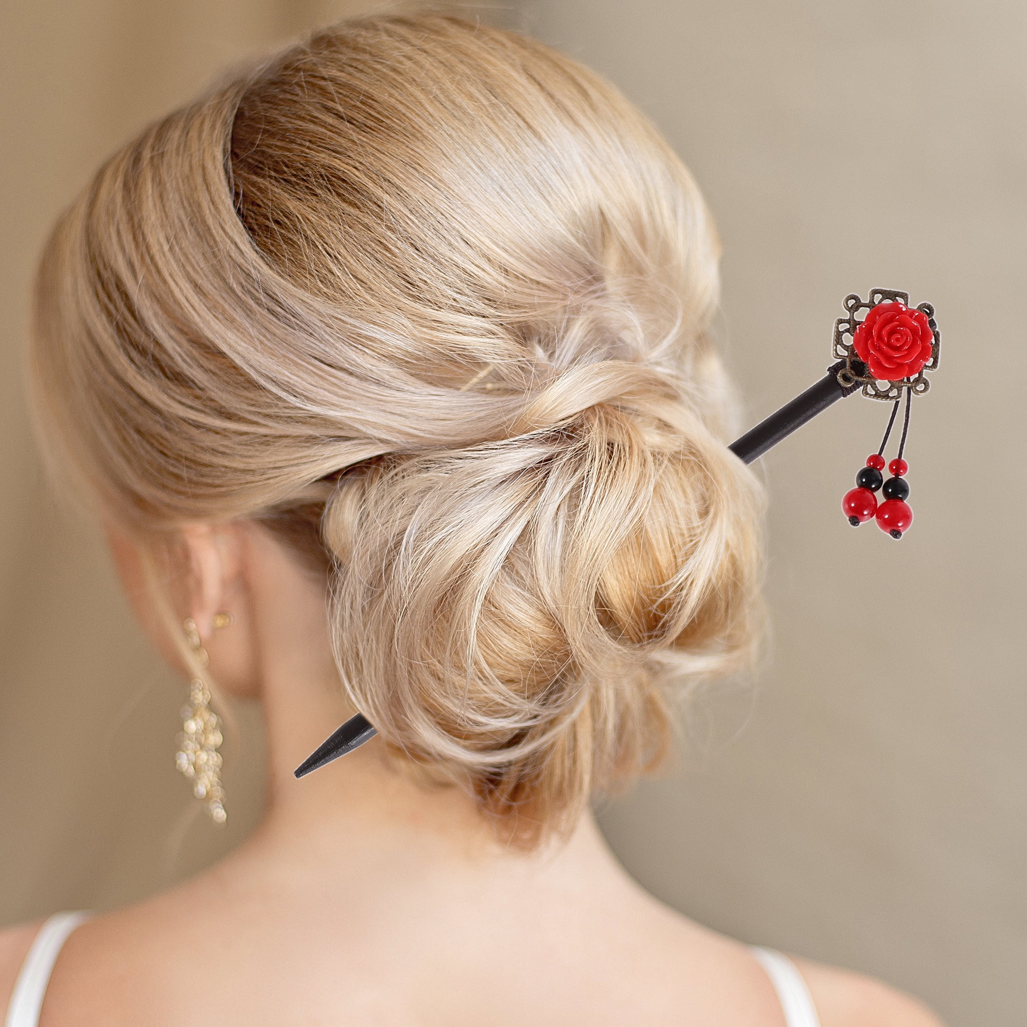 Unique Bargains Hair Chopstick for Women Black Red 1 Pc [Flower Tassel]