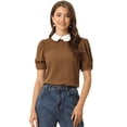 thumbnail image 1 of Blusa De Manga Corta Con Cuello Peter Pan En Contraste Vintage Para Mujer Marrón Oscuro S, 1 of 5